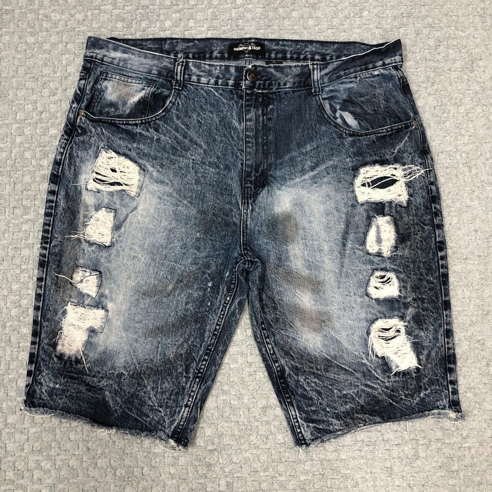 Diamond Stash Shorts Mens 44 Blue Acid Wash Distressed Denim Bermuda Jorts Skate